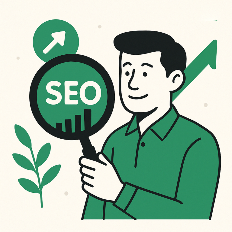 Search engine optimization (SEO) services featuring an SEO expert analyzing ranking data with a magnifying glass, aimed at improving website visibility on Google.